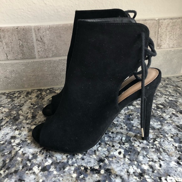 Open toe lace up back black faux suede heels - Picture 4 of 7